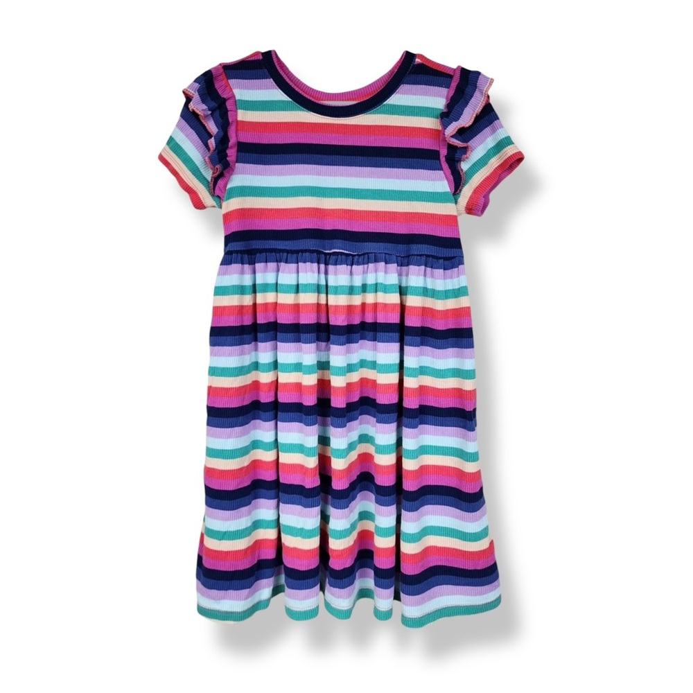 Cat & Jack Girls Rainbow Stripe Dress Size 5T Ruffle Sleeve